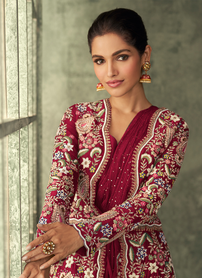 Red Festive Wear Readymade Gown With Dupatta With Embroidery Work